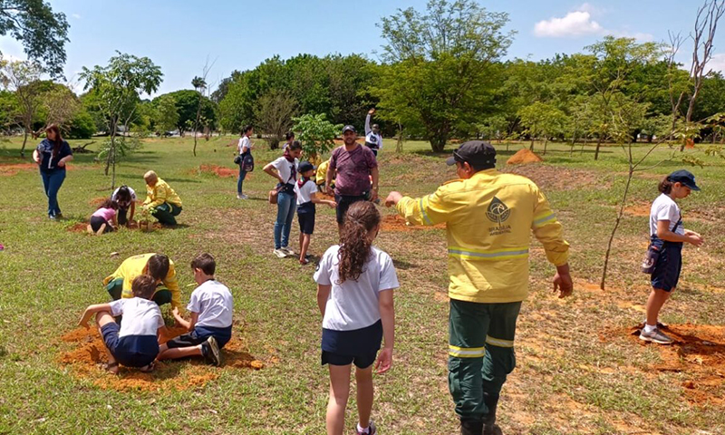 Crianças plantam espécies do cerrado no Parque Ecológico