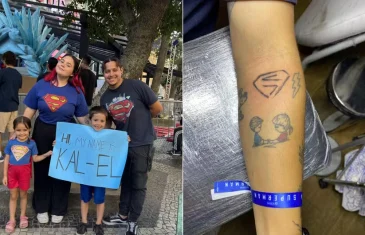 Após filho com nome do ‘Superman’ virar sensação em pré-estreia de filme, pai eterniza autógrafo de ator com tatuagem