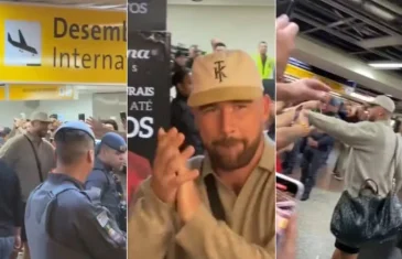 Travis Kelce, noivo de Taylor Swift, é ovacionado em aeroporto e mostra simpatia; fãs se derretem nas redes