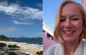 Atriz Naomi Watts curte Copacabana com água de coco em viagem com Kim Kardashian e mais artistas ao Brasil